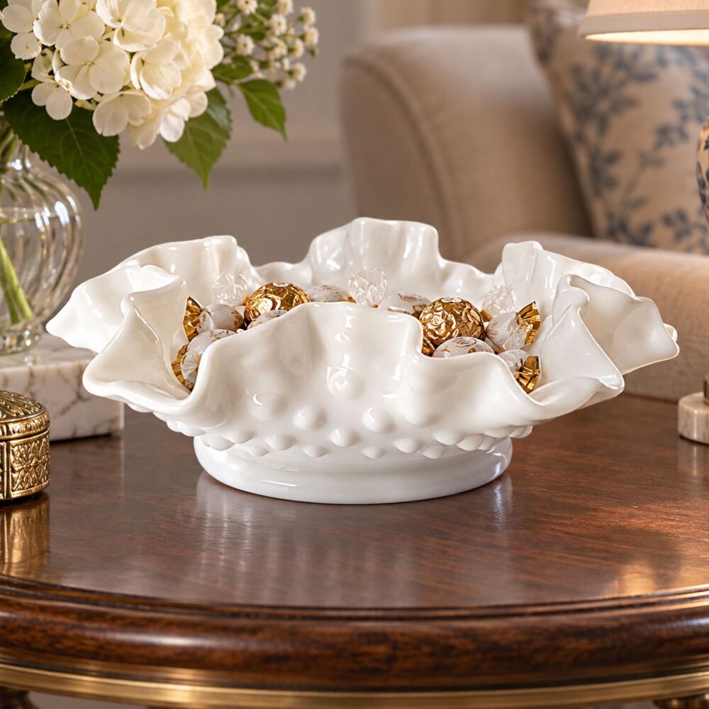 Vintage White Milk Glass Hobnail Ruffled Bowl Candy Dish 7"